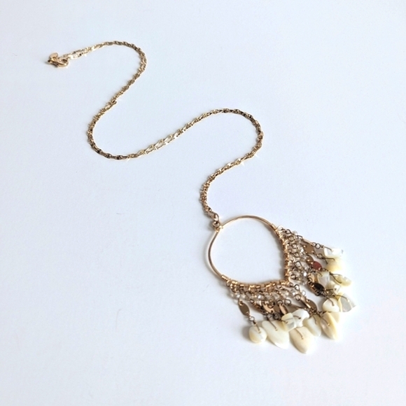 Express Wire Wrapped Pendant Mixed Media Tassel Long Necklace Gold Plated - Picture 1 of 9